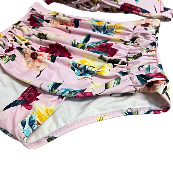 Unique Vintage Two Piece Floral Swimwear Matching Set Halter Top Hi-Rise Bottom - Picture 9 of 12